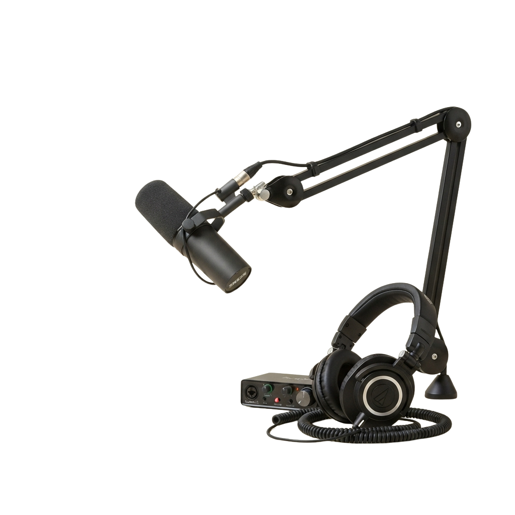 Black studio boom microphone with adjustable arm and over-ear headphones on a black stand