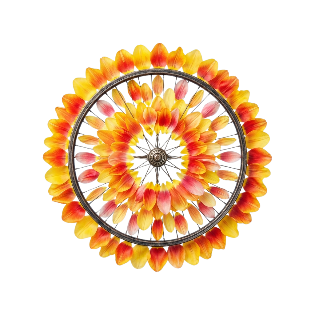 A circular arrangement of bright orange and yellow flower petals forming a wheel with a metallic center.