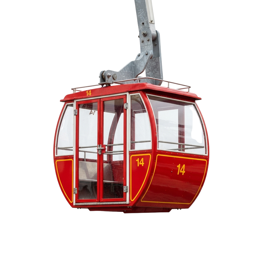 A red cable car gondola labeled with the number 14 suspended in mid-air against a dark background