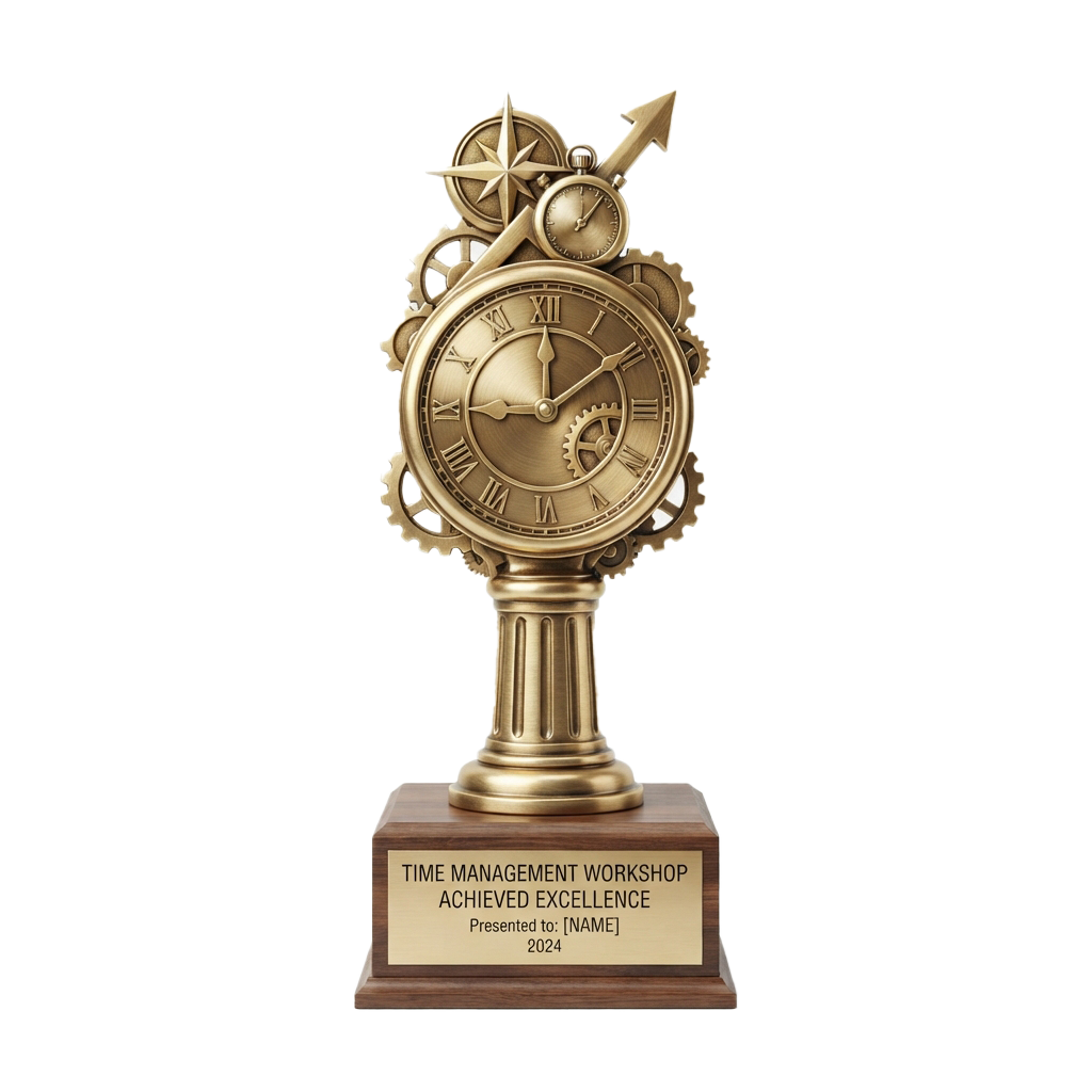 Golden trophy with clock and gears symbolizing time management excellence award for 2024