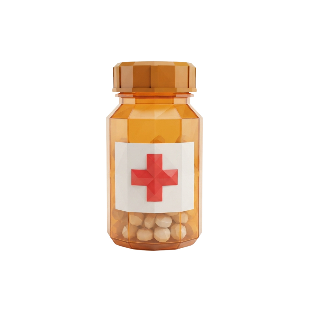 A transparent pill bottle with an orange cap and a white label featuring a red cross symbol, filled with round pills.