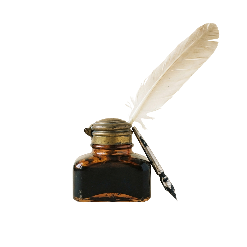 A quill pen with a feather resting on a clear glass inkwell