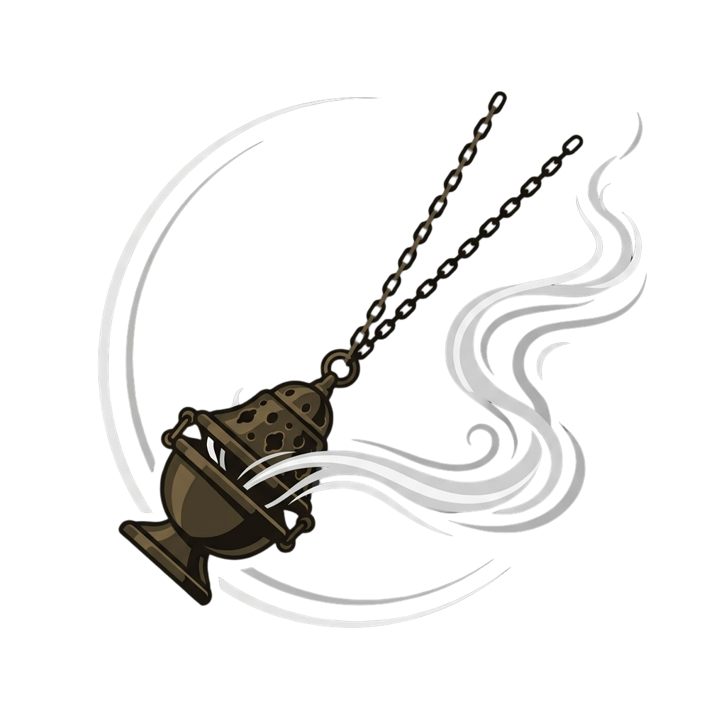 A stylized illustration of a hanging lantern emitting smoke with a chain attached.