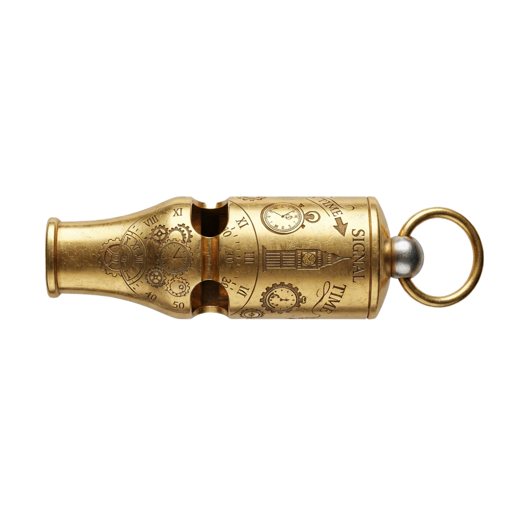 Gold-toned brass whistle pendant with intricate clock and gear designs, attached to a loop for wearing as jewelry.