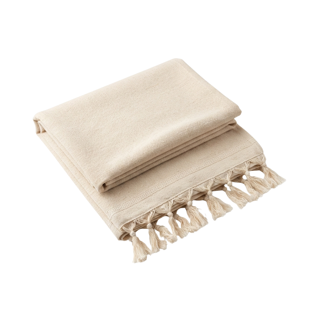 A neatly folded light beige towel with fringed edges against a black background