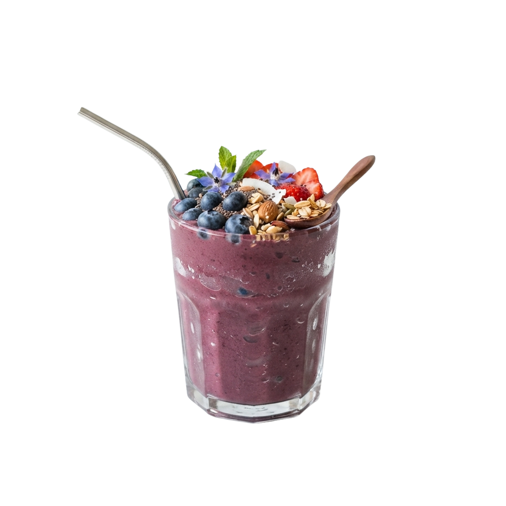 A glass filled with a purple berry smoothie topped with granola, berries, and a mint leaf, served with a spoon and straw.