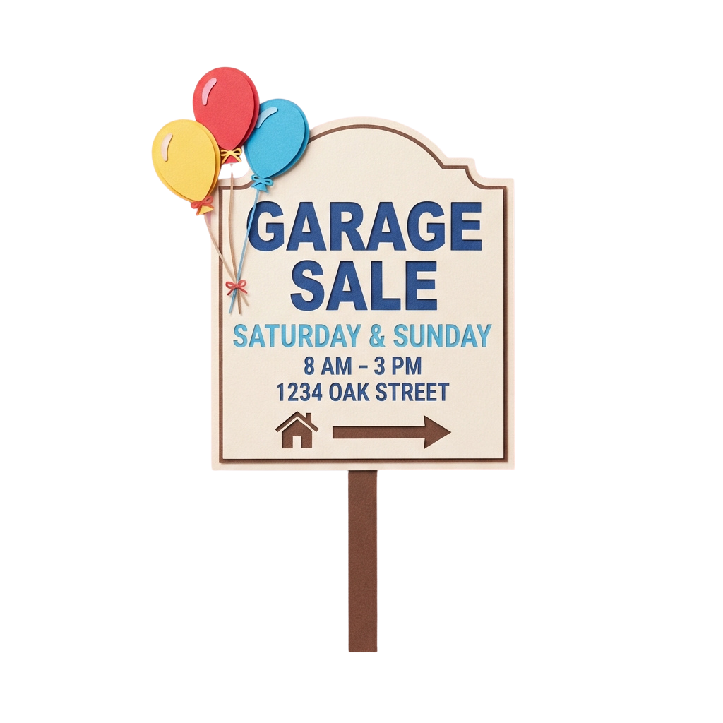 Garage sale sign advertising event on Saturday and Sunday from 8 AM to 3 PM at 1234 Oak Street with colorful balloons attached