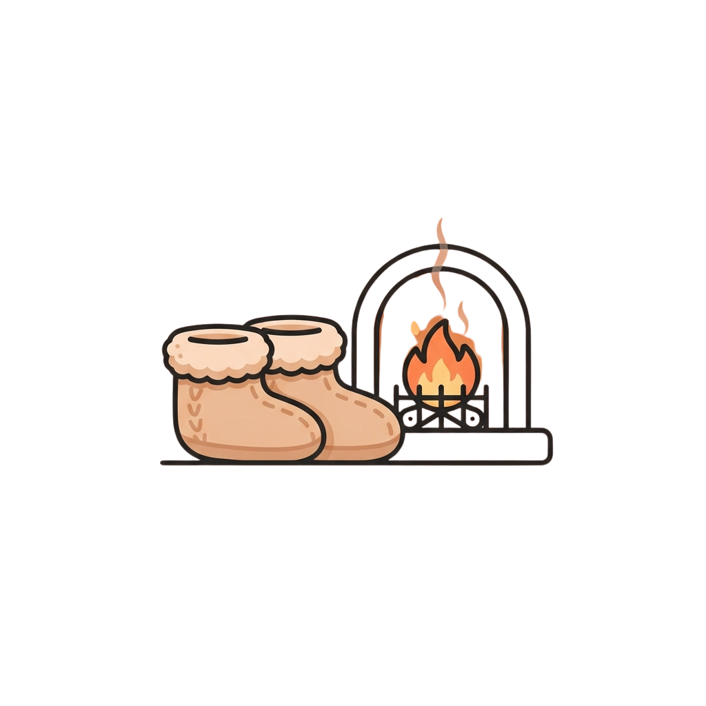 Illustration of fluffy slippers next to a fireplace with flames