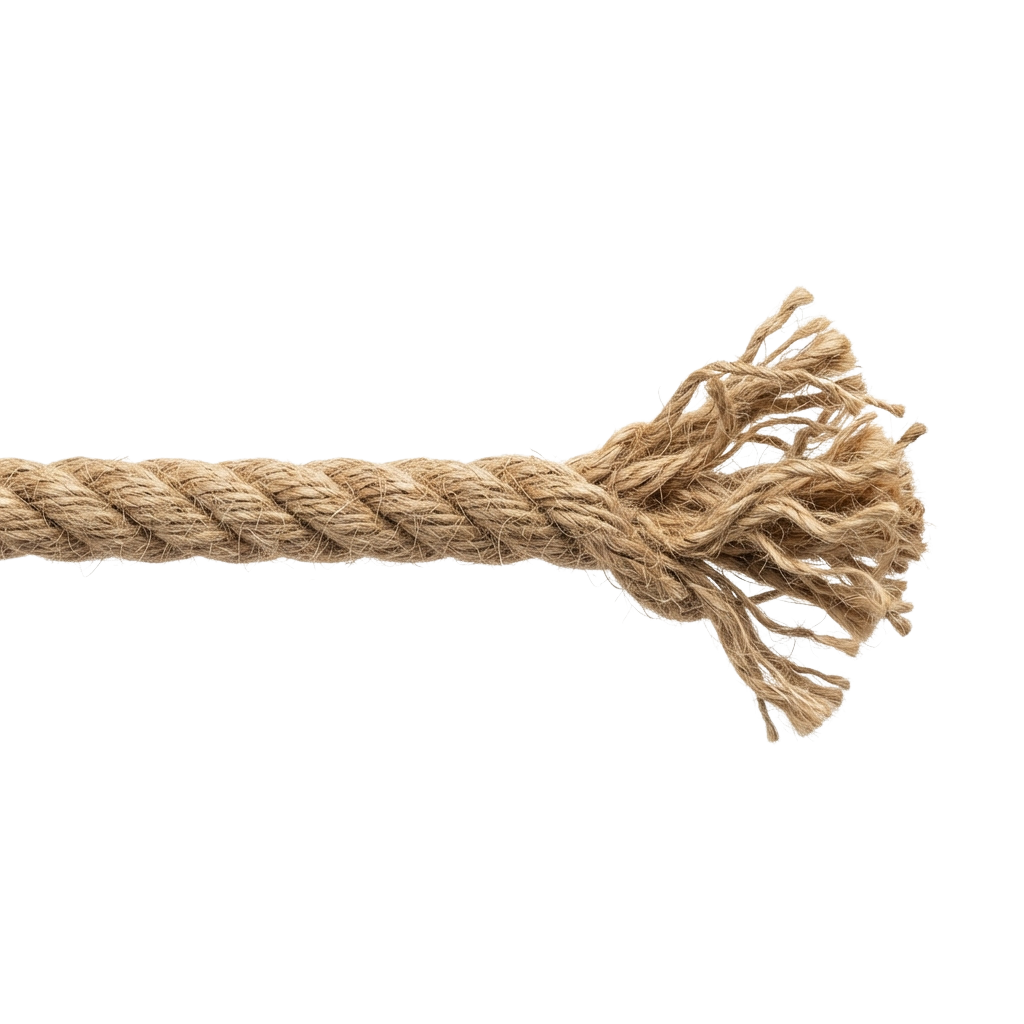 Close-up of a frayed and unraveled natural fiber rope end