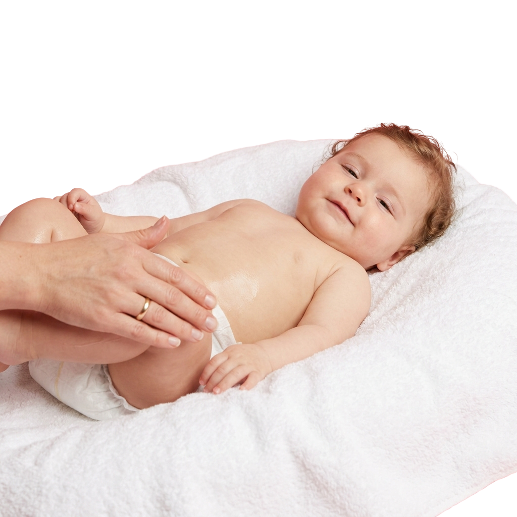 A baby lying on a towel with an adult gently holding their hands.
