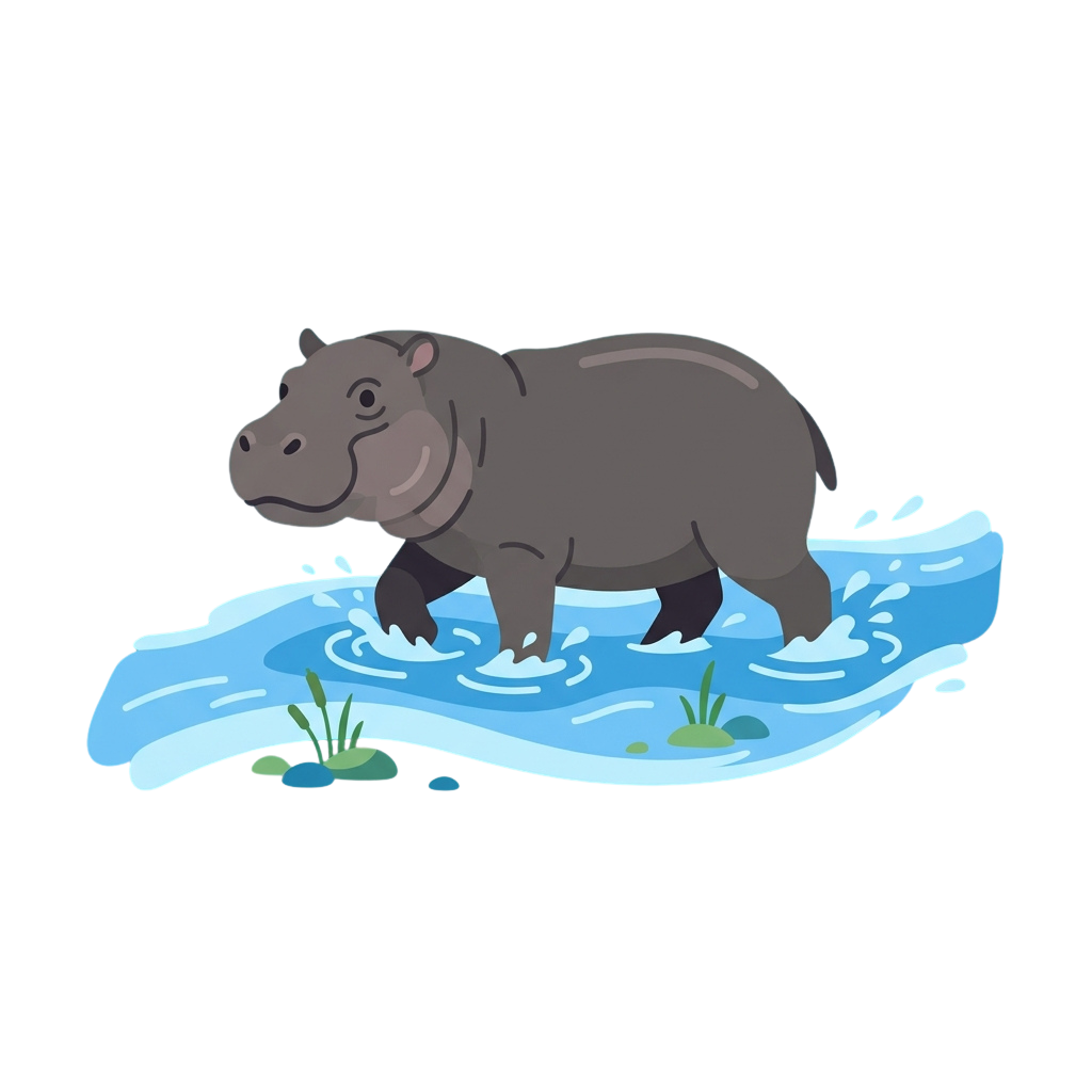 A cartoon hippopotamus walking through shallow water with ripples around its feet