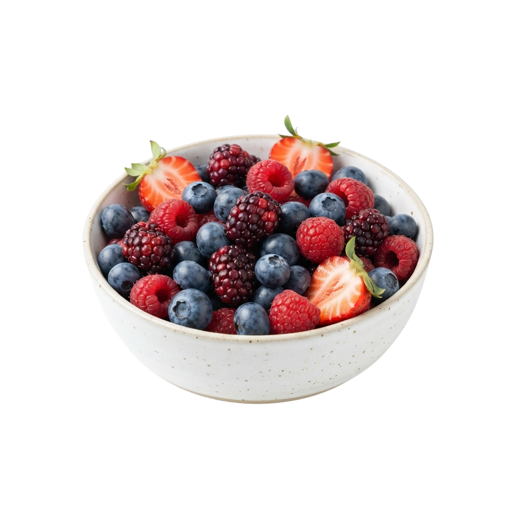 A white bowl filled with fresh mixed berries including blueberries, raspberries, blackberries, and strawberries
