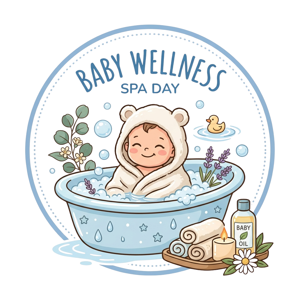 A smiling baby in a towel wrapped around them, relaxing in a bathtub filled with bubbles, surrounded by spa elements like a duck, flowers, and baby oil bottle.
