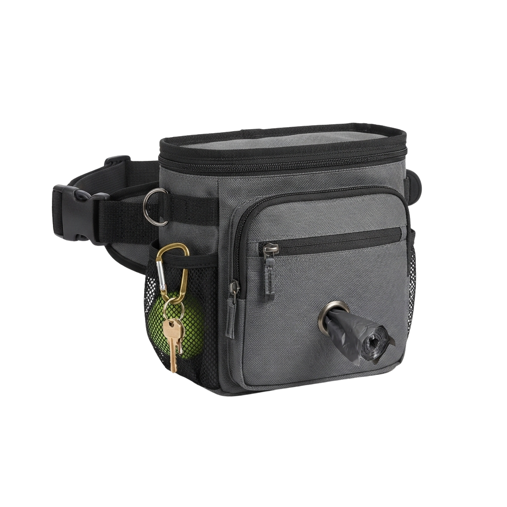 Gray waist bag attached to a belt with a keychain pouch and a small attached tool holder