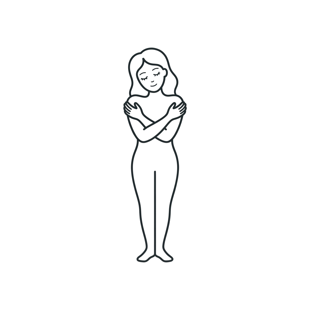 A simple line drawing of a woman standing with arms crossed over her chest in an embracing pose