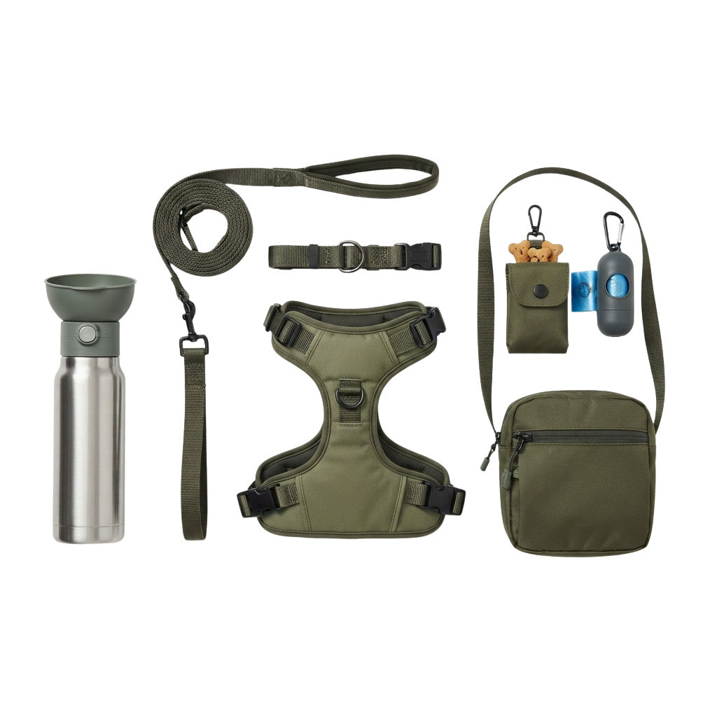 Dog travel gear including a harness, lanyard, water bottle, pouch with treats and dispenser, and small bag.