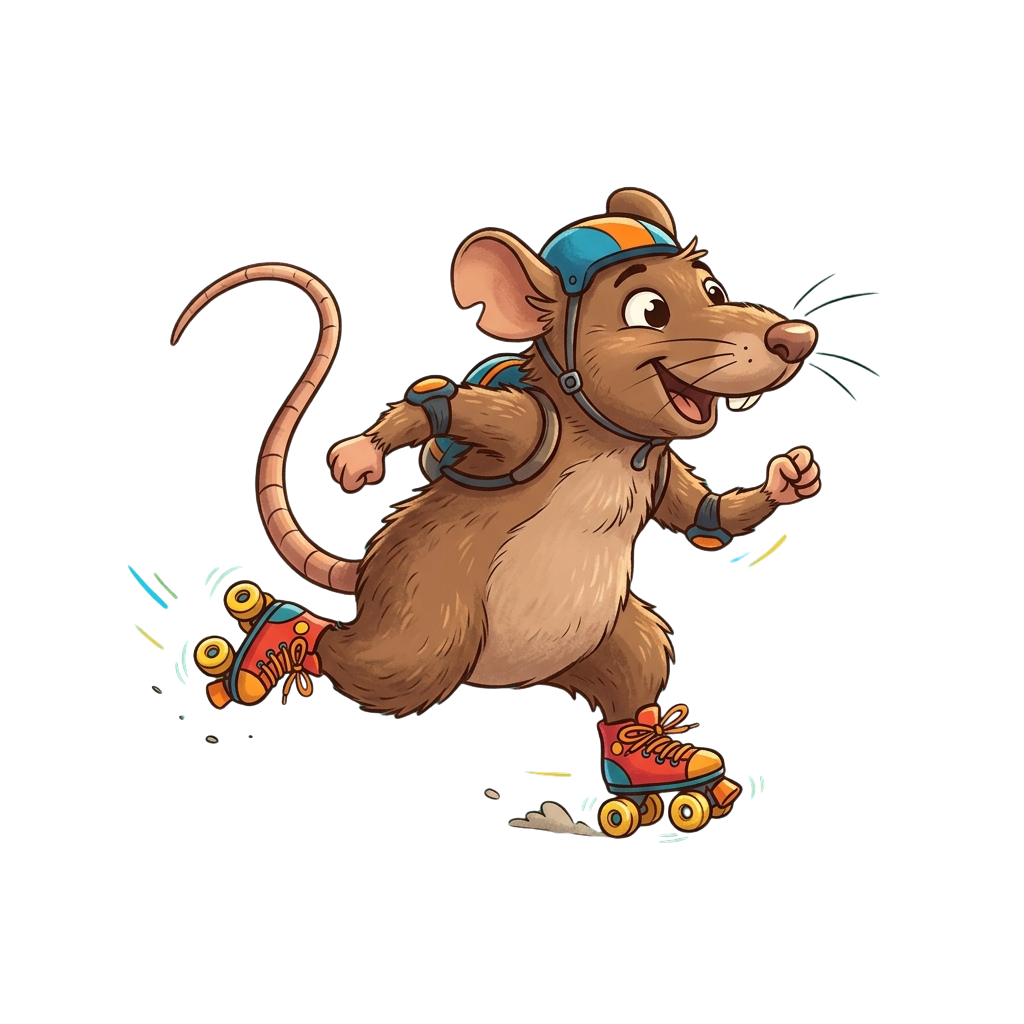 A cheerful cartoon rat wearing roller skates and protective gear while skating.