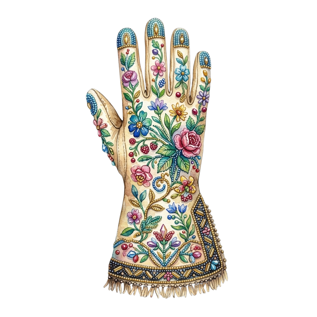 Decorative glove with colorful floral embroidery and beaded trim on fingers and wrist