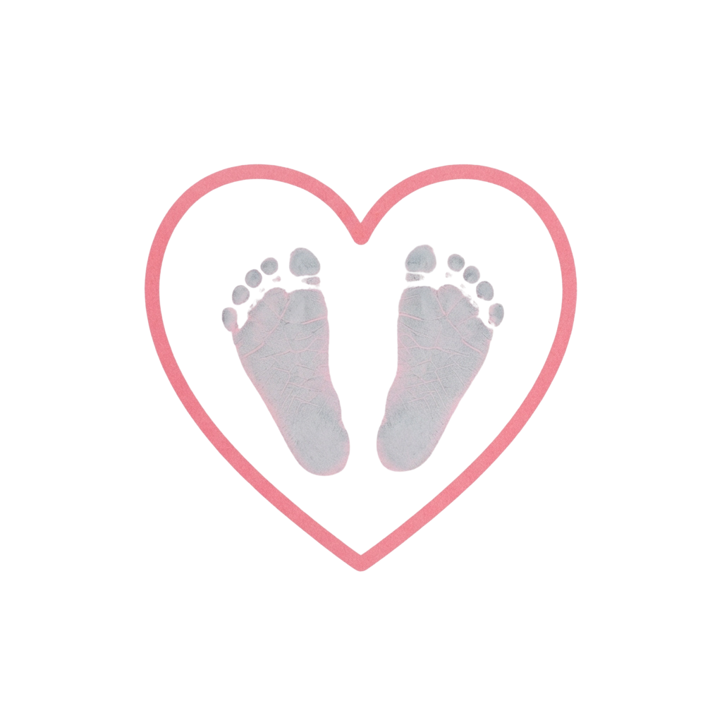 Two baby footprints inside a pink heart shape on a black background