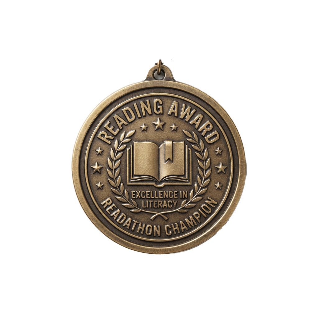 Gold-colored medal with an open book and laurel wreath, labeled Reading Award and Readathon Champion for literacy excellence