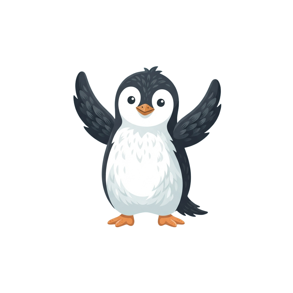 A cheerful cartoon penguin standing upright with wings spread wide open