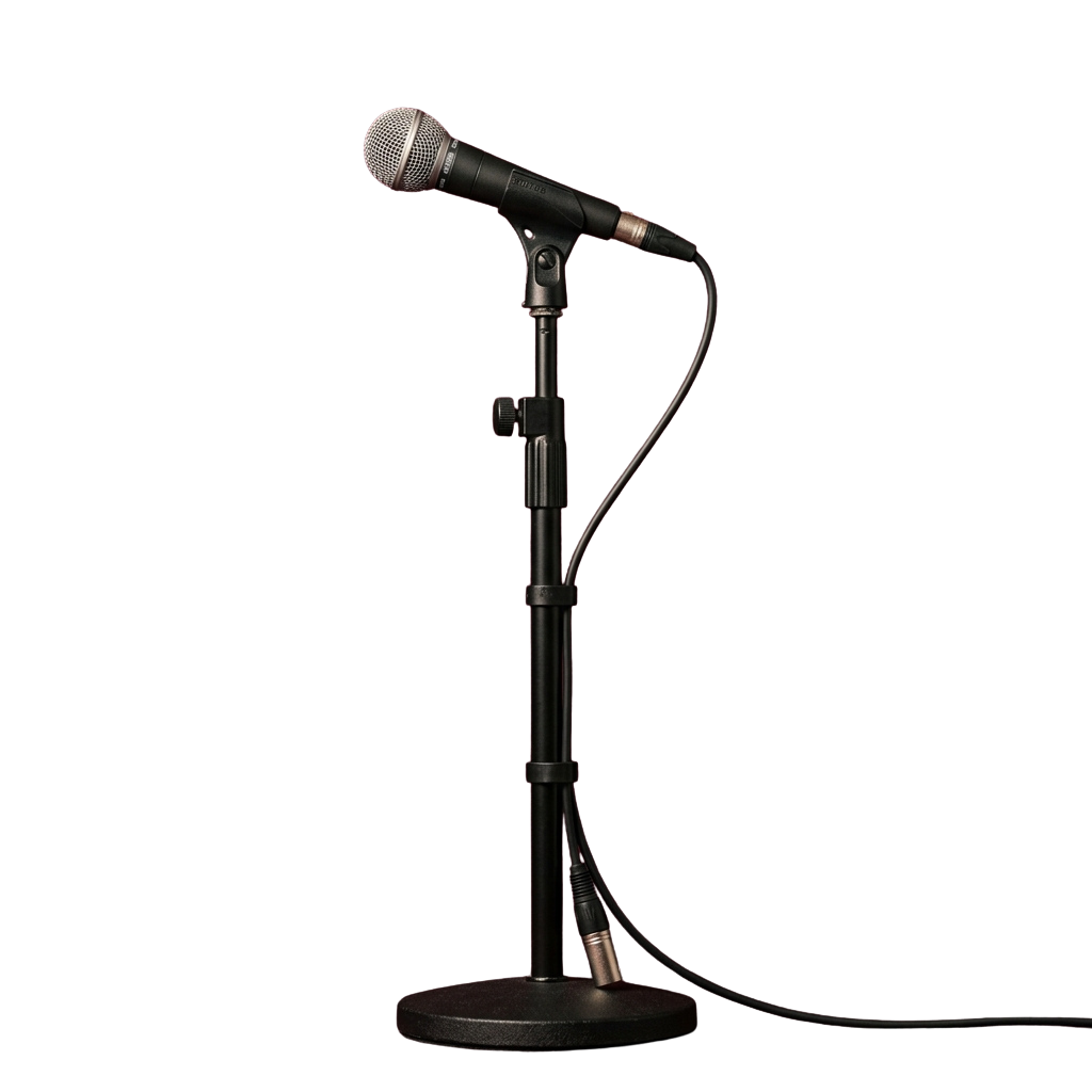 A black microphone mounted on a height-adjustable stand against a dark background