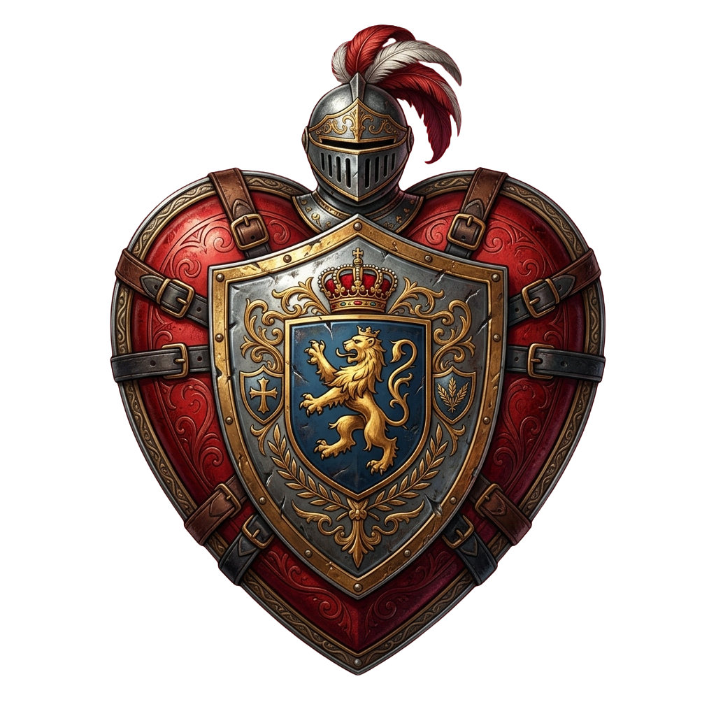 A detailed illustration of a knight's shield featuring a lion emblem and ornate armor design with a helmet on top
