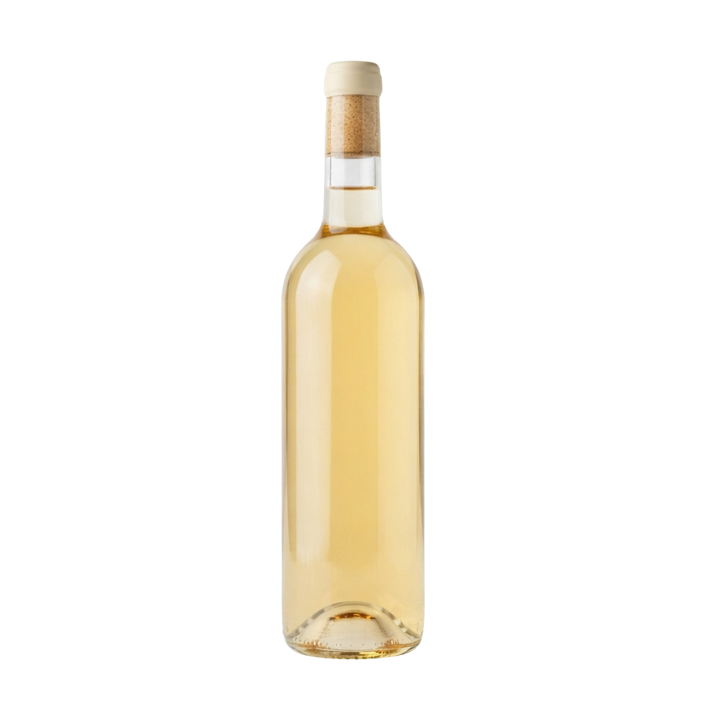 A clear glass bottle filled with light-colored liquid, topped with a cork stopper against a black background