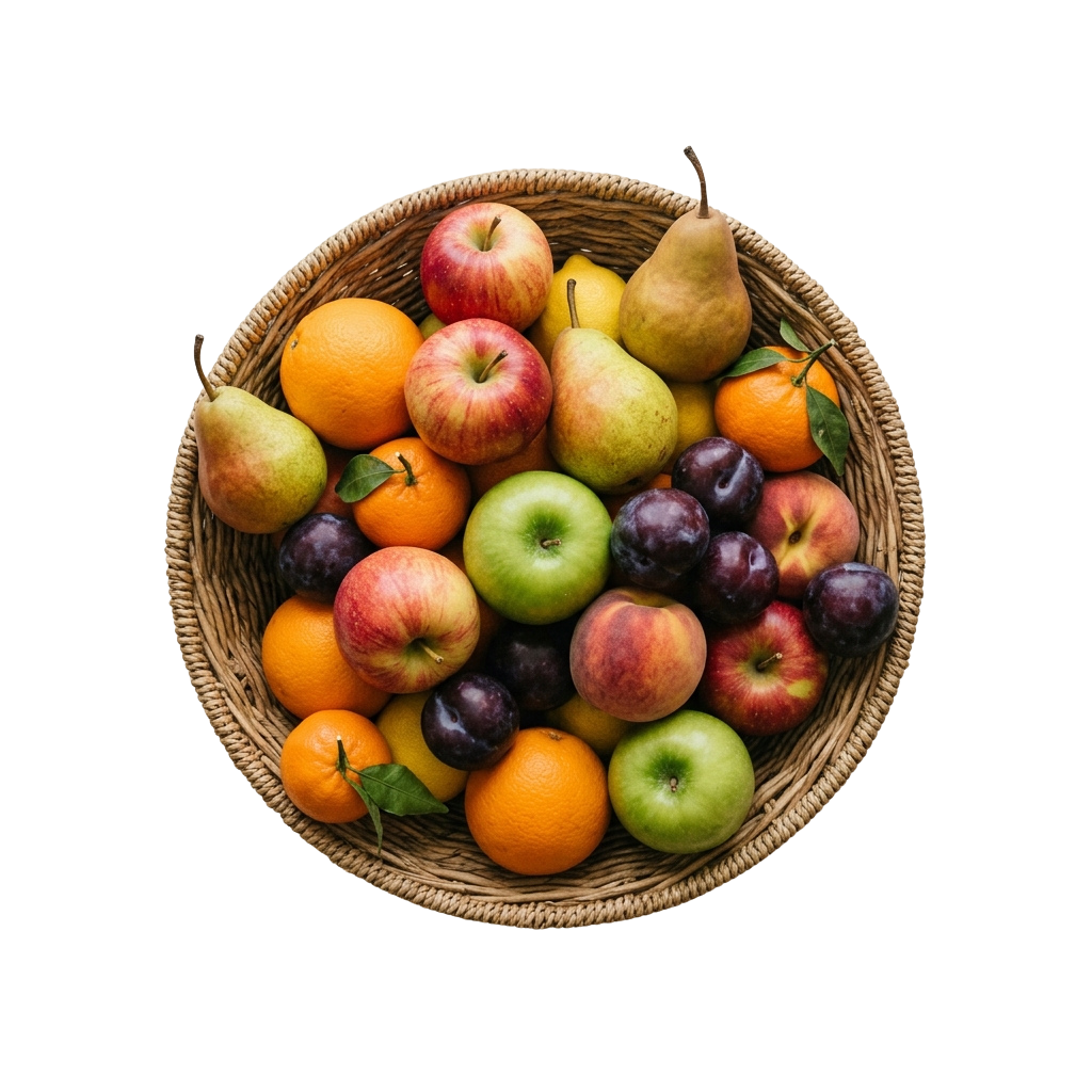 A wicker basket filled with various colorful fresh fruits including apples, grapes, bananas, and pears