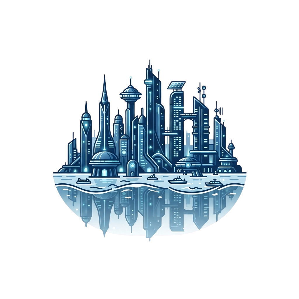A futuristic cityscape with tall skyscrapers and advanced architecture reflected in a body of water.