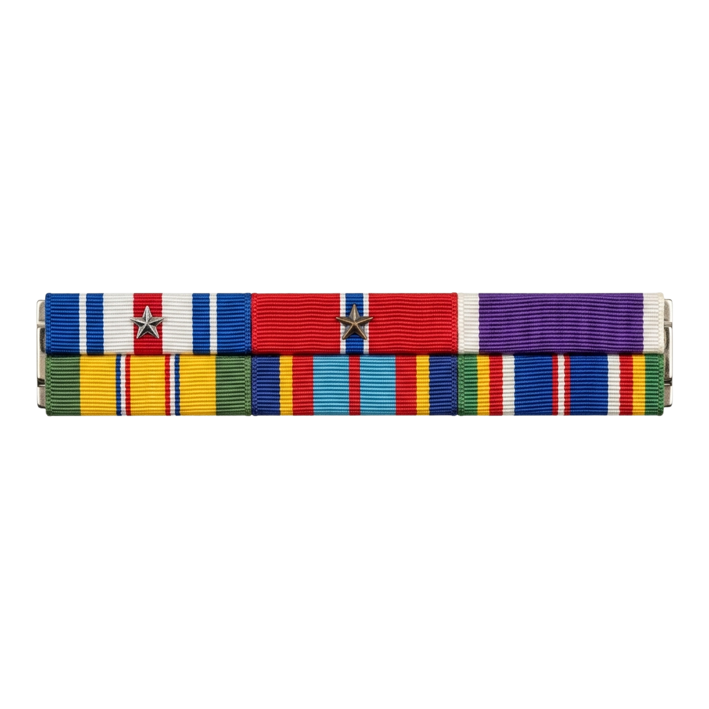 A collection of military service ribbons with two silver stars attached to two of the ribbons.