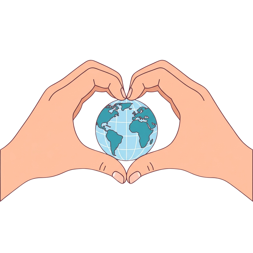 Two hands forming a heart shape cradling a globe illustration.