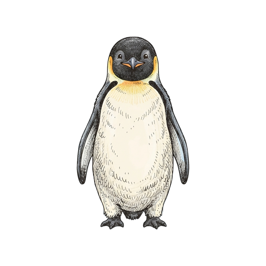 Illustration of a small penguin chick standing upright with black and white feathers and an orange beak
