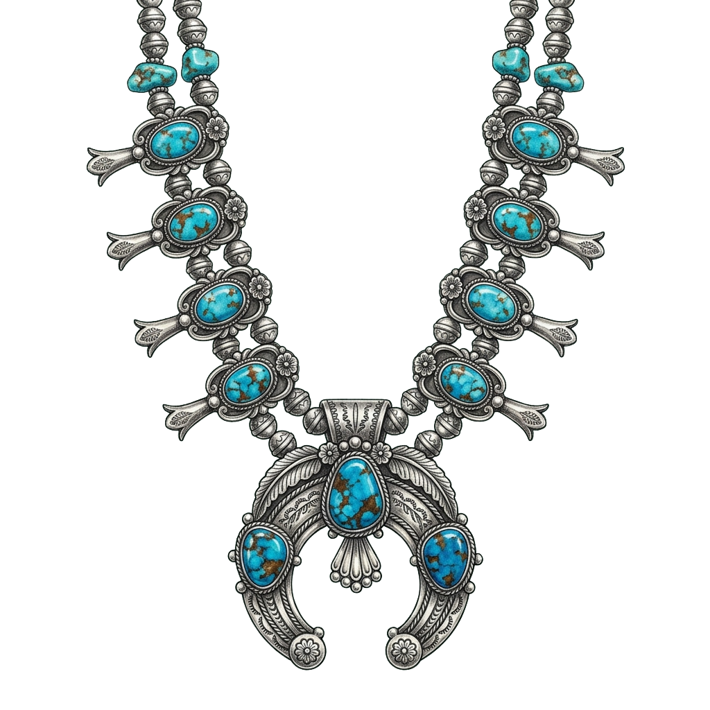 Silver-toned squash blossom necklace with turquoise stones set in intricate patterns