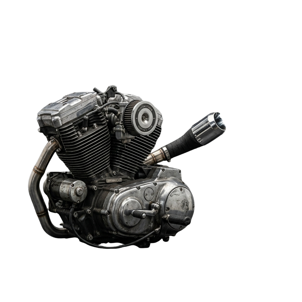 Close-up of a polished vintage motorcycle engine with visible components like the cylinder, clutch, and exhaust pipe