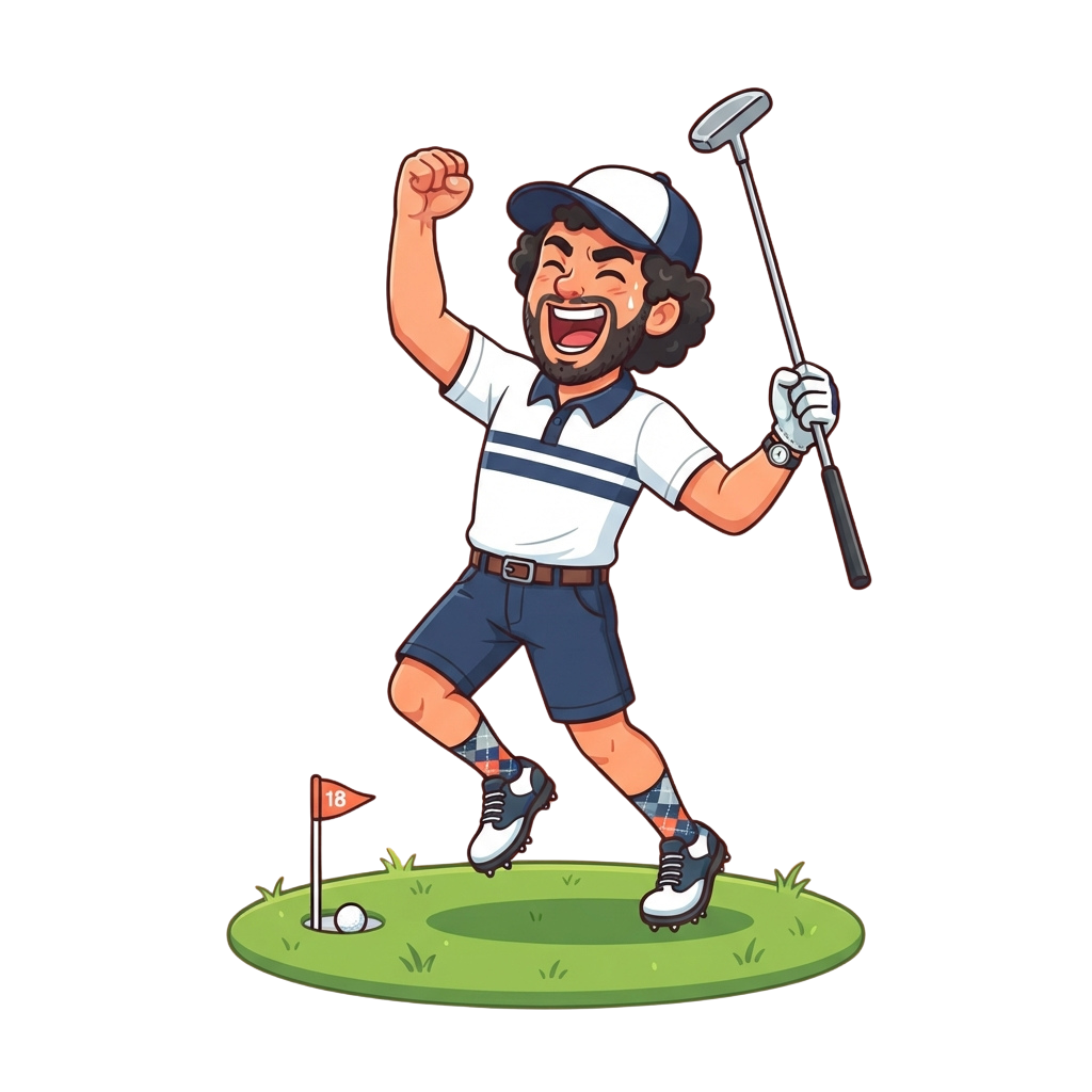 A cheerful golfer celebrating with arms raised, holding a golf club near a hole marked 18 with a golf ball.