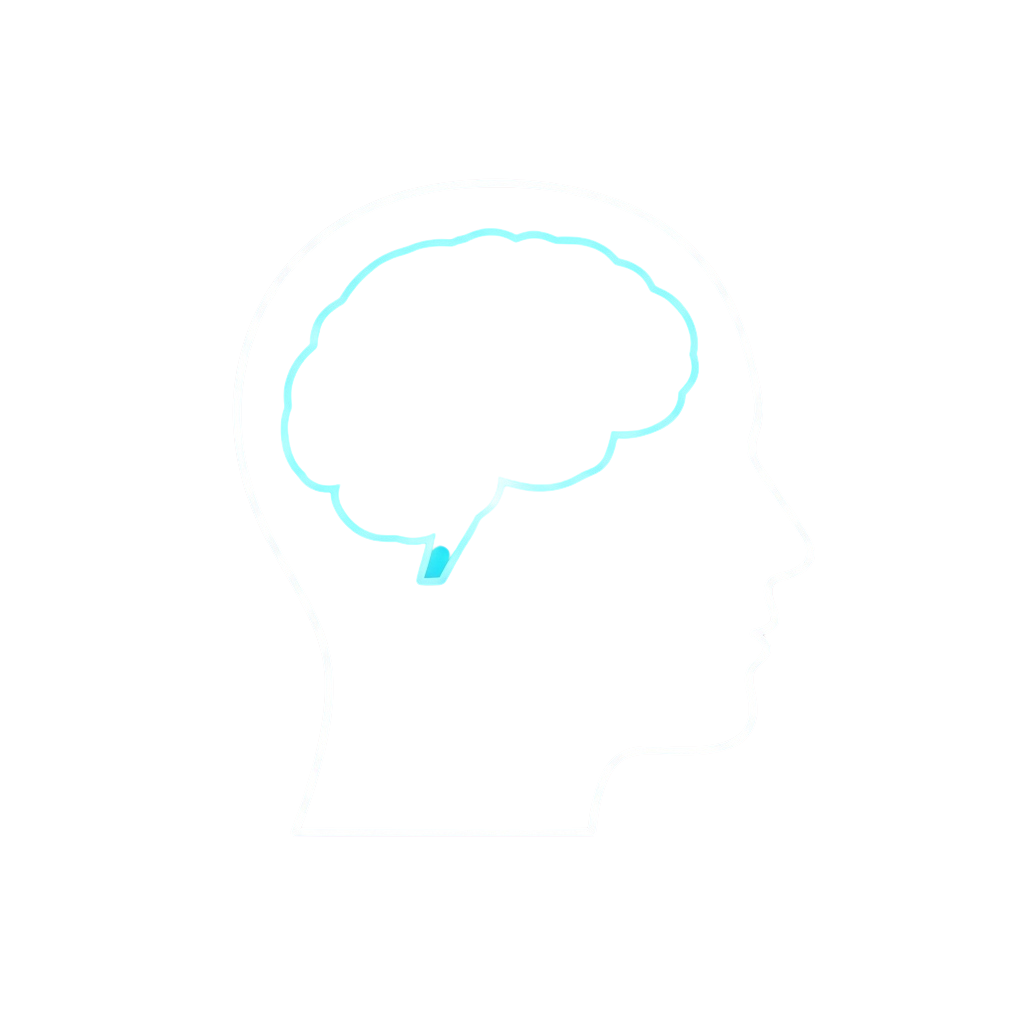 Silhouette of a human head with a brain highlighted inside, shown in light blue