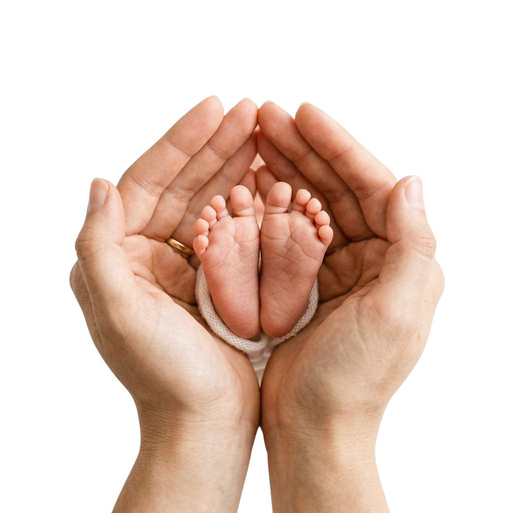 Two hands gently holding baby feet wrapped in a soft white sock.