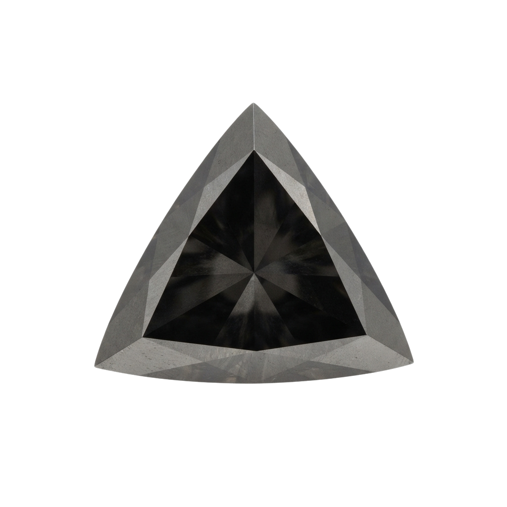 A triangular cut gemstone resembling a diamond with reflective facets and a bright center sparkle