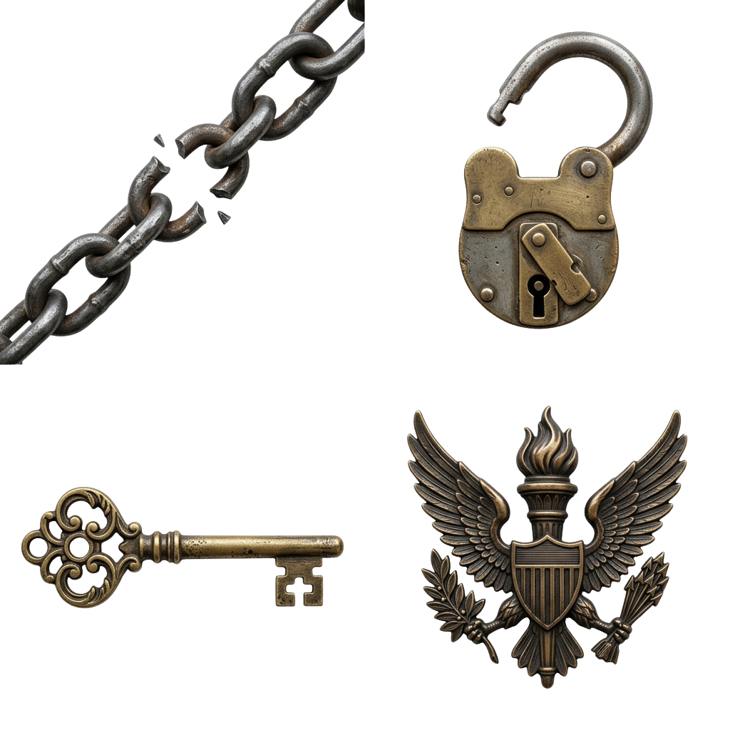 Antique key, padlock, chain, and eagle emblem with torch and olive branch on dark background