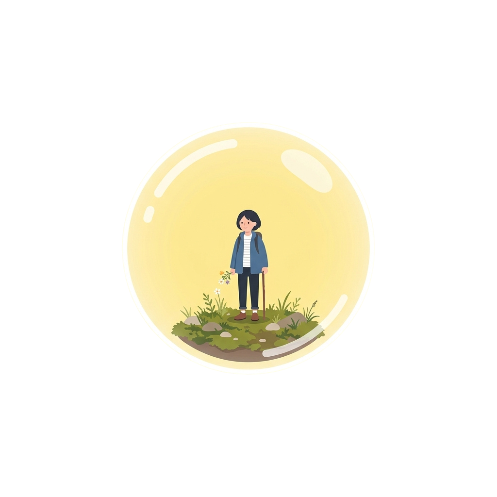 Illustration of a person using trekking poles inside a transparent bubble floating above a grassy landscape