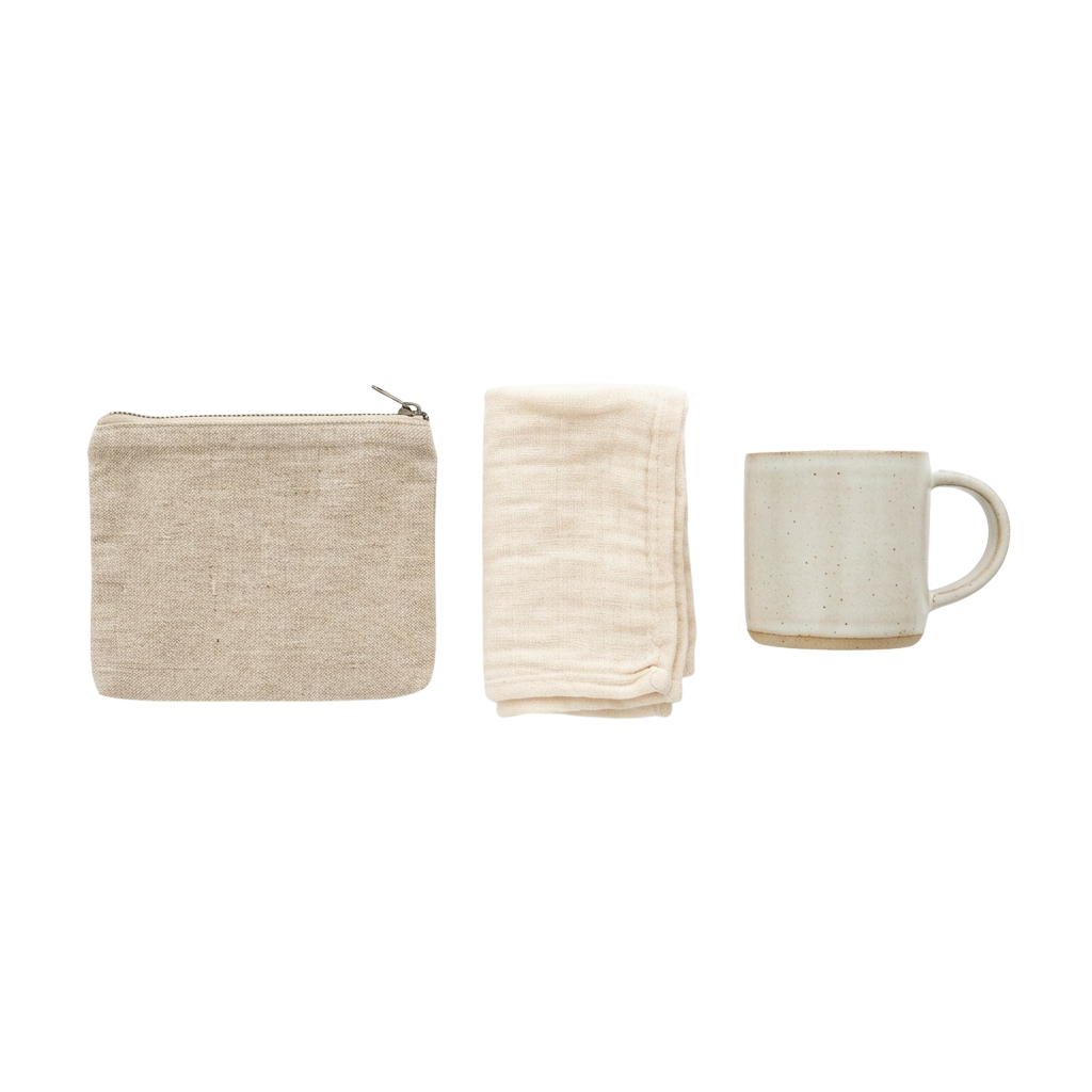 A linen tea set including a small pouch, folded cloth napkin, and a white ceramic mug on a black background