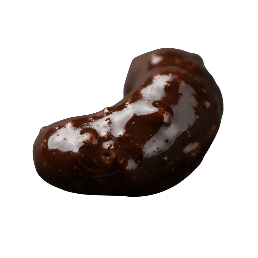 A piece of dark chocolate with white melted spots on a black background