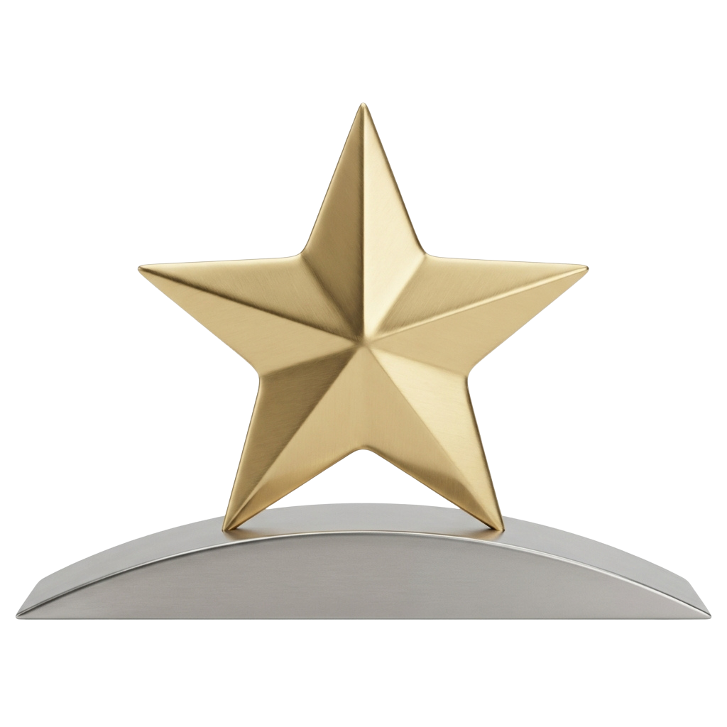 A shiny gold star-shaped trophy mounted on a curved gray base against a black background