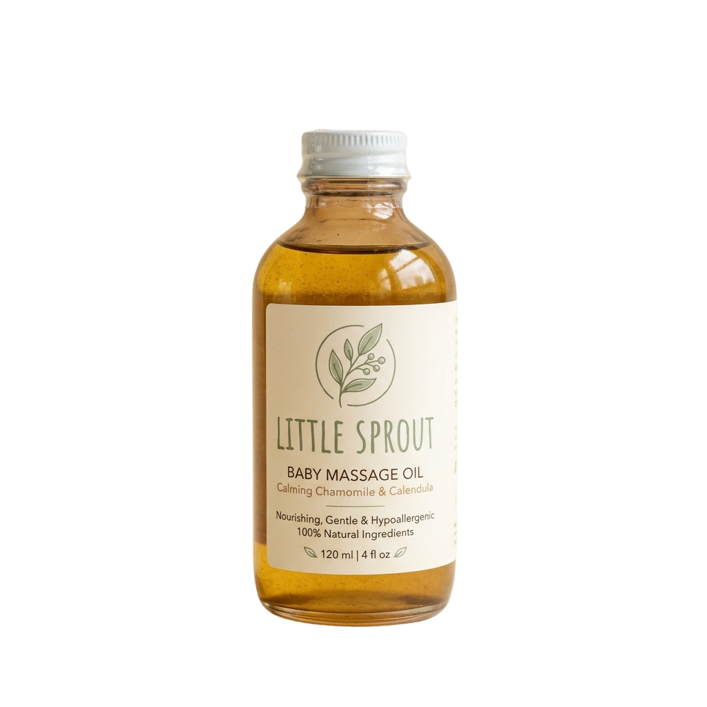 A bottle of baby massage oil with a white label showing calming chamomile and calendula ingredients