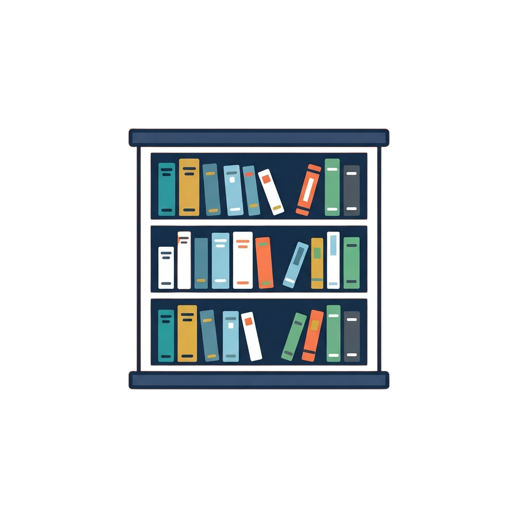 A stylized bookshelf filled with colorful books arranged in three rows against a dark background
