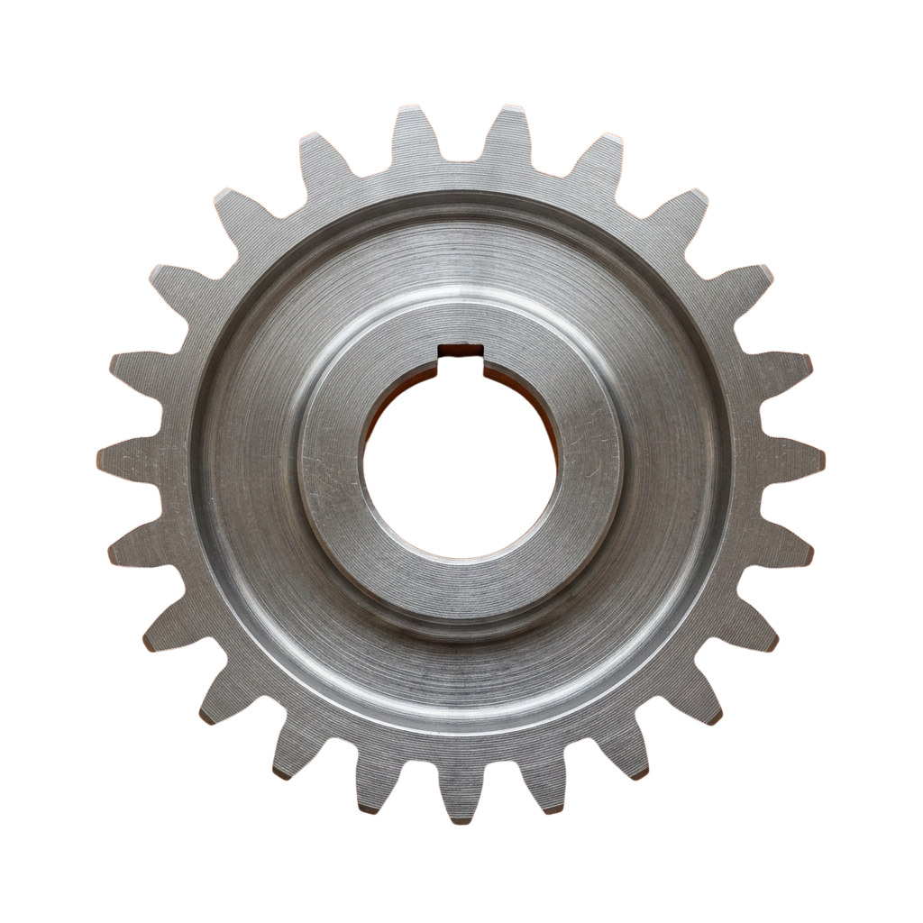 Close-up of a metallic gear with teeth and a central hole against a black background