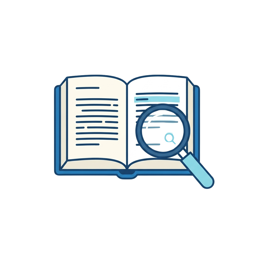 Illustration of an open book with a magnifying glass focusing on the text inside