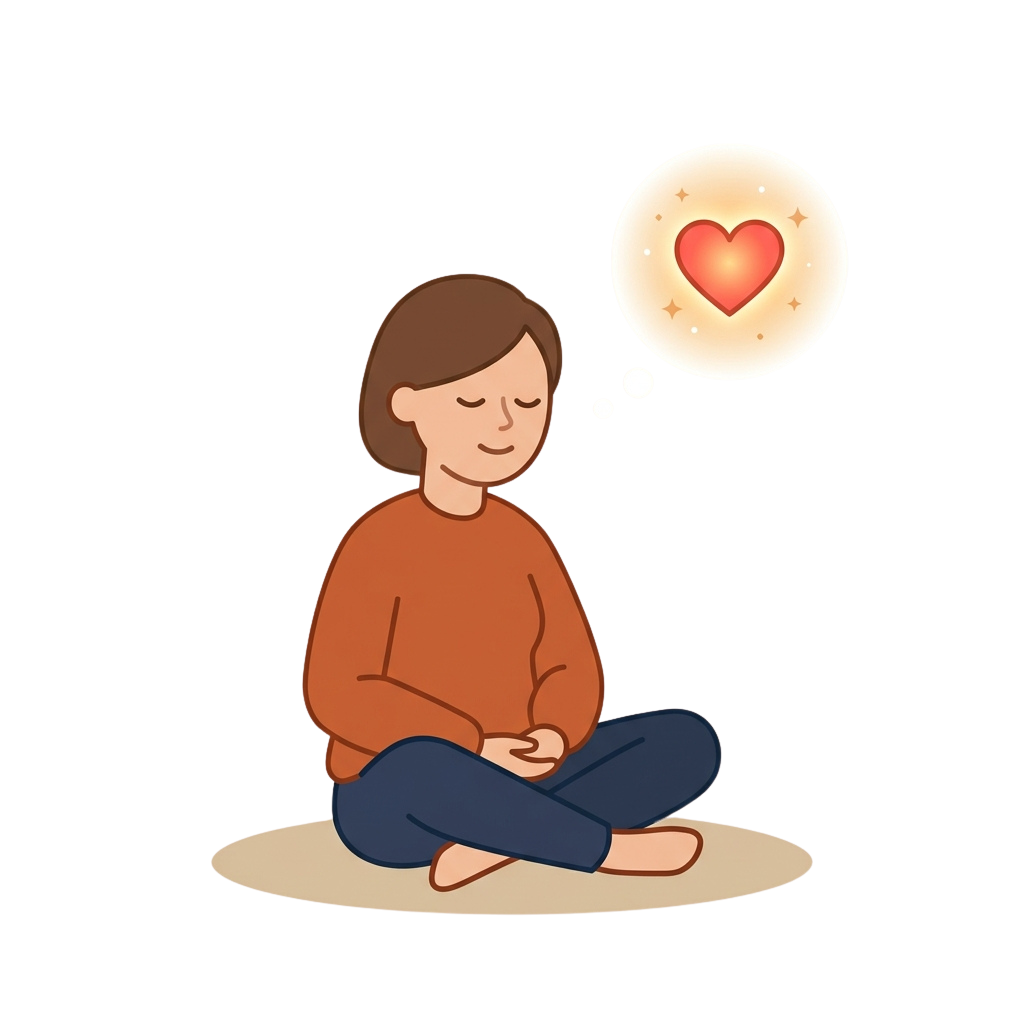 Illustration of a person sitting cross-legged, eyes closed, with a thought bubble showing a glowing heart.