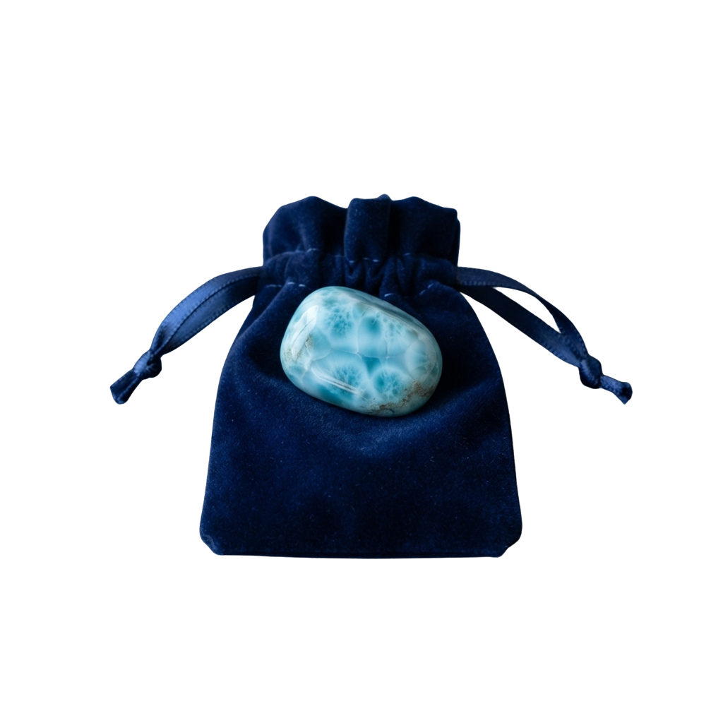 A dark blue velvet pouch with a drawstring, containing a smooth, light blue-green stone.